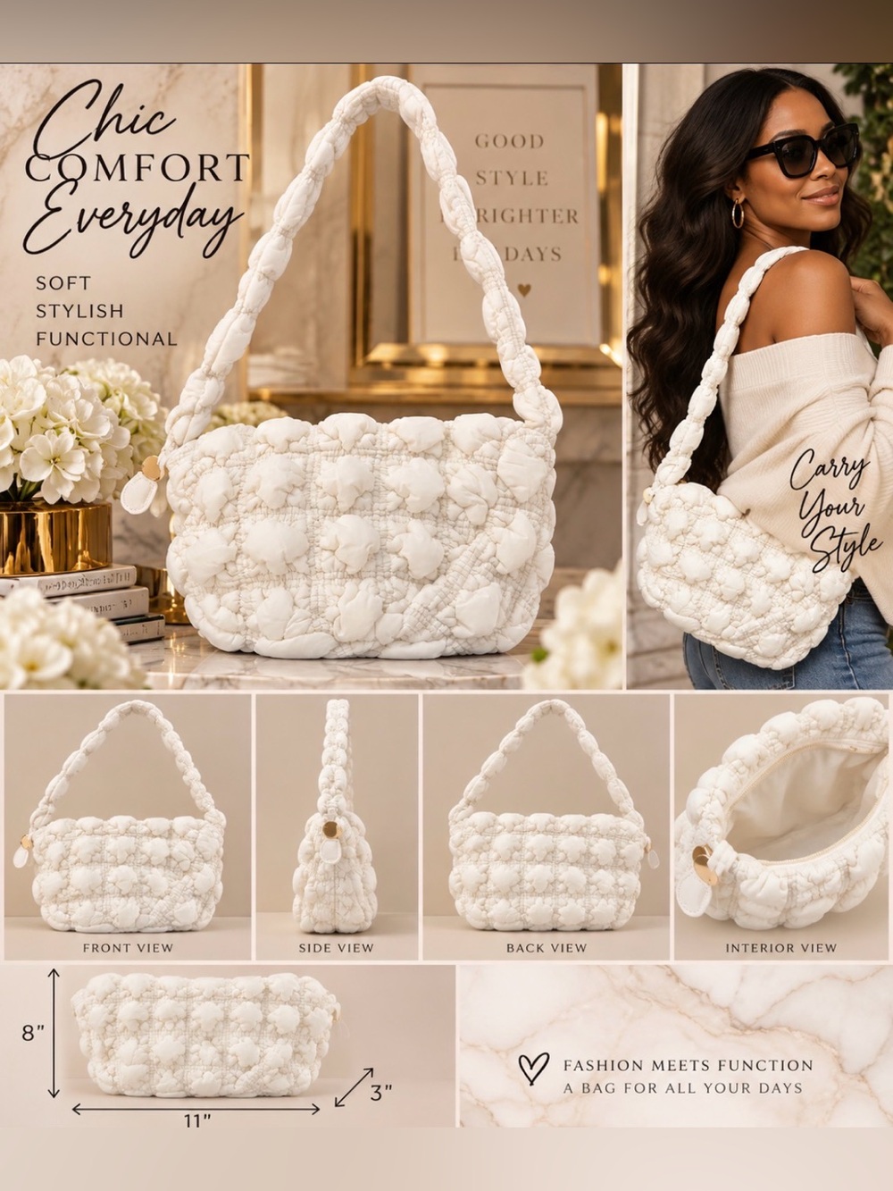 Chic Quilted Puff Shoulder Bag - White